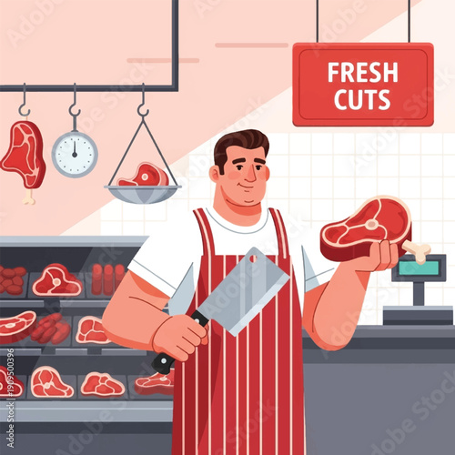 Butcher holding raw beef steak.