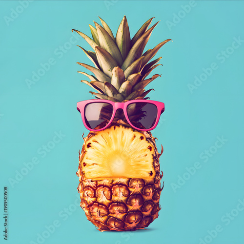 Pineapple with sunglasses against blue background: summery and fun vibes