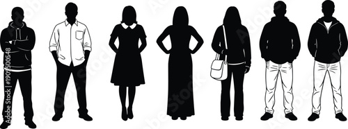 Diverse group of people standing in a row silhouette line art illustration featuring men and women in casual trendy clothing