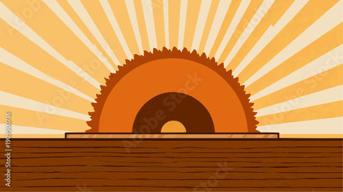 Circular saw blade as a rising sun over wood. Conceptual industrial sunrise vector graphic.