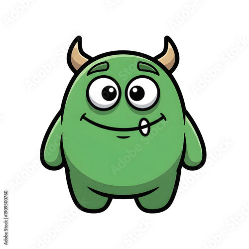 A cute, friendly, green cartoon monster with horns and a single tooth, smiling happily.