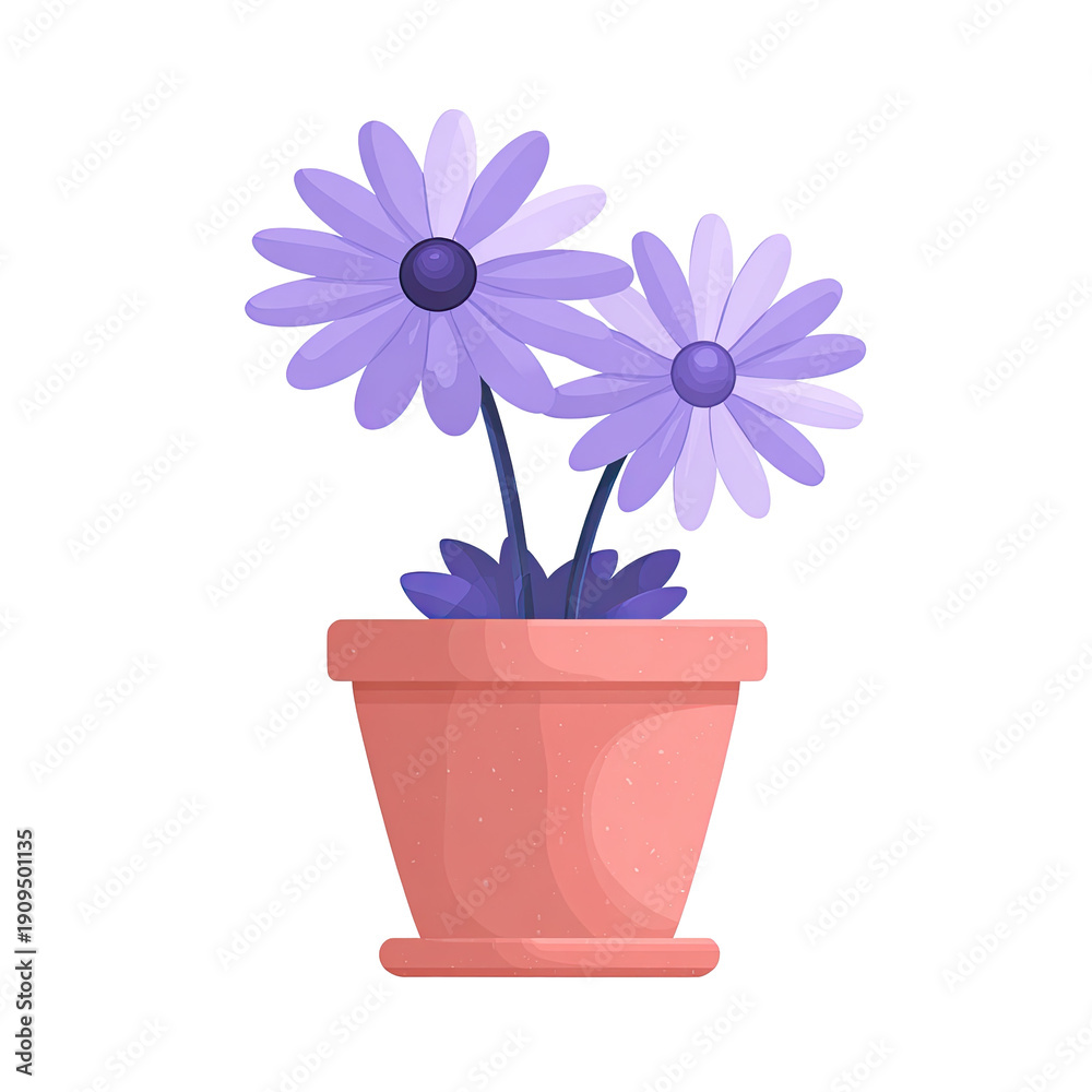 Fototapeta premium A cartoon-style illustration features two light purple flowers in a terra cotta pot