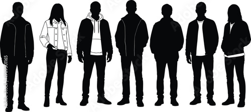 Diverse group of seven people silhouettes standing in casual autumn fashion clothes isolated on white background vector illustration for web