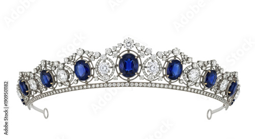 Elegant sapphire and diamond tiara isolated PNG on transparent background, royal jewelry headpiece for wedding or formal occasion