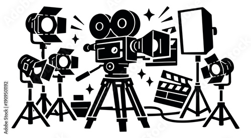 Graphic film production equipment set featuring a vintage camera, spotlights, and clapperboard for movie production