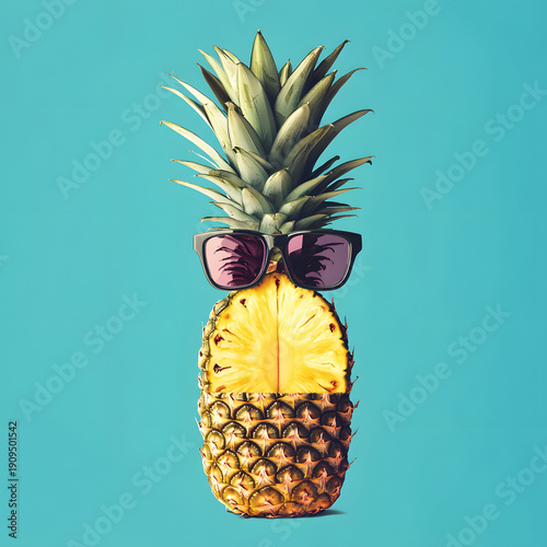 Pineapple with sunglasses against blue background: summery and fun vibes