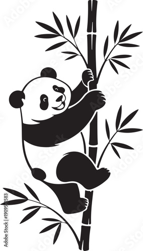 Cute cartoon panda climbing bamboo in black and white illustration
