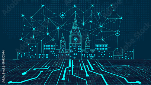 Digital network overlaying a gothic building and cityscape at night