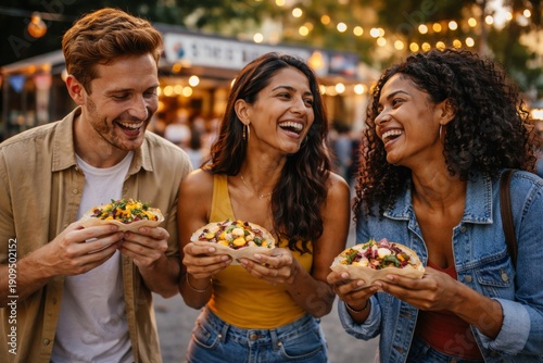 Young friends enjoying street food together outdoors