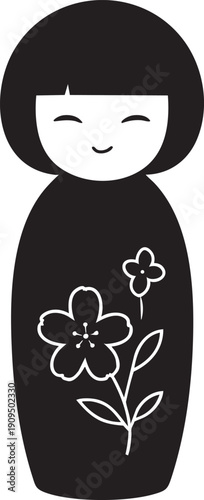 Black silhouette traditional Japanese Kokeshi doll vector illustration, minimal folk art toy icon isolated on white background