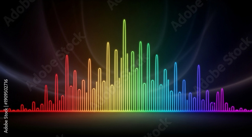 Vibrant rainbow sound wave graphic with colorful bars on dark background representing music and audio visualization