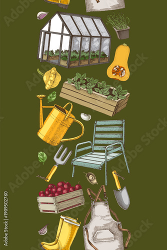 Gardening vector seamless border with hand drawn elements