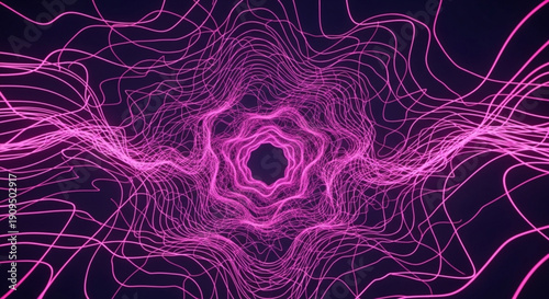 Vibrant pink neon glowing lines forming a mesmerizing symmetrical pattern on a dark background creating a futuristic abstract design