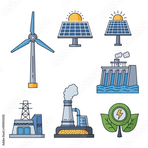 Collection of renewable and non-renewable energy source icons