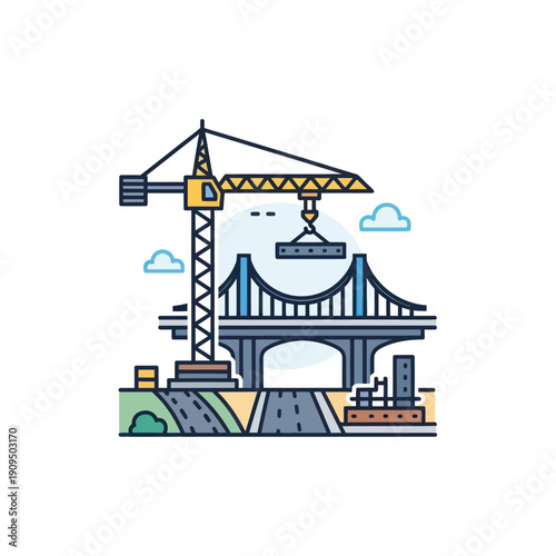 Construction crane building a modern suspension bridge illustration