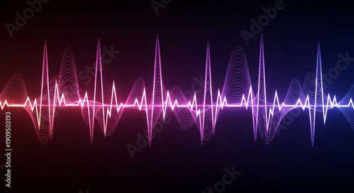 Vibrant pink and blue ecg heartbeat waveform on dark gradient background with glowing effect