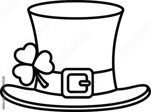 Outline leprechaun top hat with shamrock leaf and buckle for saint patricks day coloring art