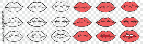Set of Red and Outline Lips Vector Illustration Hand Drawn Mouth Doodles for Design