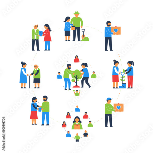 Diverse people volunteering in community, charity, and environmental activities