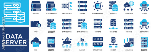 Data Server icon set collection. Containing database, server, computing, monitor, plan, strategy, document .Solid vector icons collection