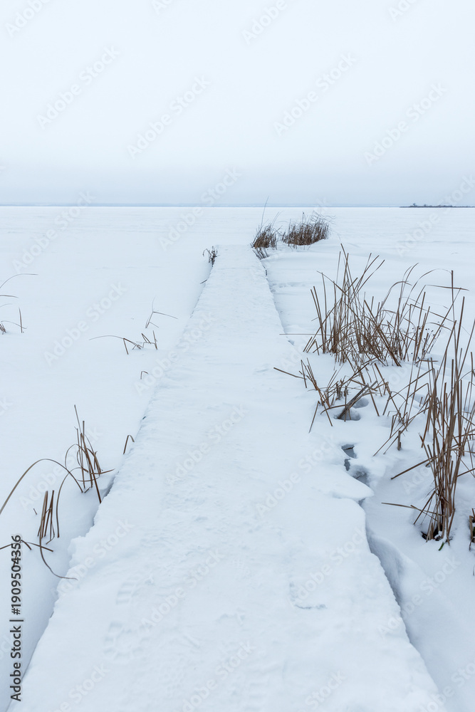 Fototapeta premium A serene winter scene features a snow-covered boardwalk