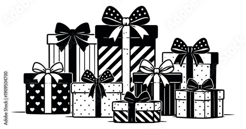 Graphic line art gift box set featuring various patterns and bows for celebrations and holidays
