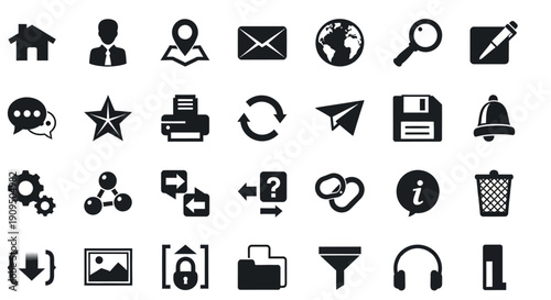 Collection of black icons representing various actions and objects on a clean white background, showcasing a range of digital interface elements, orignall eps (4).eps