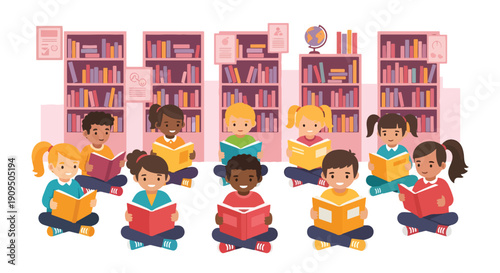 Group of diverse children sitting on floor in library and reading books together with colorful shelves backgrounds and cute cartoon students style