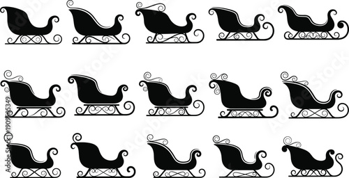 Set of Santa sleigh silhouettes isolated on white background, black vintage Christmas sled vector collection for holiday design and decoration