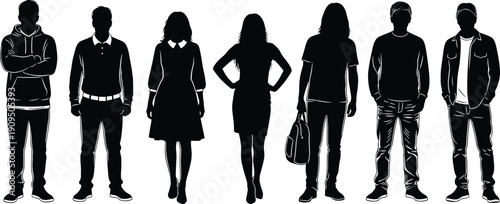Set of diverse people silhouettes standing in a row wearing casual clothes and business attire for community and teamwork concepts