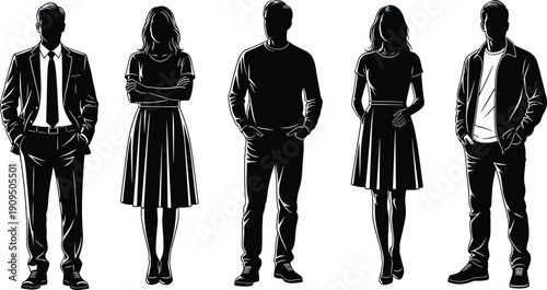 Set of diverse black and white flat vector silhouettes of men and women standing in casual and formal fashion clothing