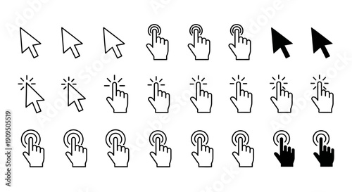 Collection of various computer mouse cursor icons in different states and actions displayed on a clean interface.