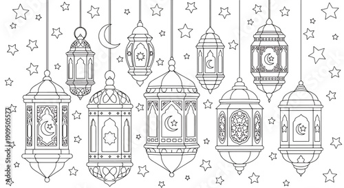 Traditional arabic lanterns and crescent moon hanging among many stars in black and white line art coloring page background for ramadan celebration
