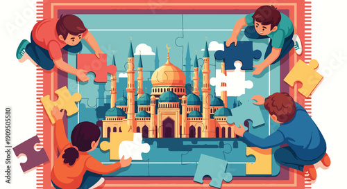 Four children assemble mosque puzzle on floor rug boys girls collaborating putting pieces together completing picture