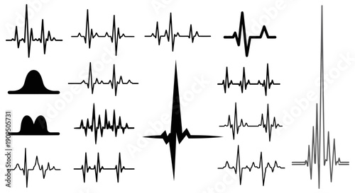 Collection of various sound wave patterns and audio signal illustrations displayed in a grid layout