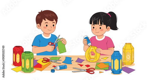 Two smiling children crafting paper lanterns at table boy cutting green paper girl gluing yellow lantern with various colorful materials around