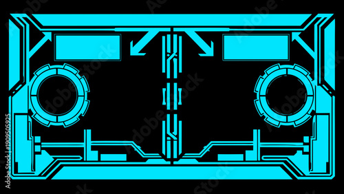 A futuristic cyan colored design resembling a cassette tape interface