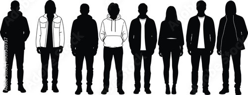 Set of diverse people silhouettes wearing casual streetwear hoodies and jackets standing in a row isolated on white background vector.