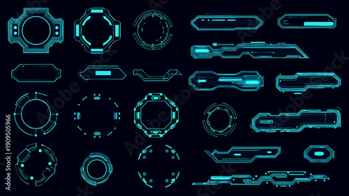 Collection of futuristic glowing neon blue interface elements and frames