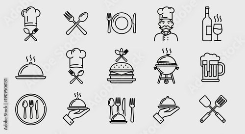 Collection of culinary icons representing food service and dining, vector illustrations, neutral background, and utensils