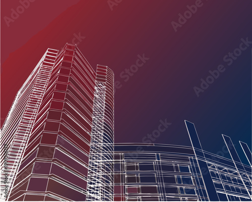 Architectural rendering of modern skyscrapers with a red gradient backdrop