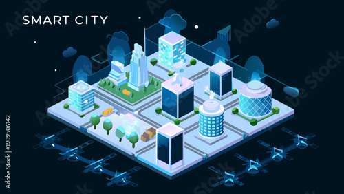 A futuristic smart city illustration with glowing buildings and drone technology