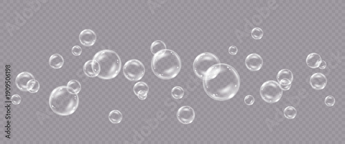 Vector realistic soap bubbles with reflection isolated on transparent background. 