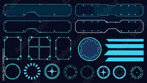 Futuristic user interface elements in bright cyan on a dark background