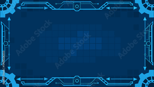 Abstract blue technological frame with geometric patterns and glowing lines
