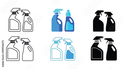 Various cleaning products and spray bottles in a row, with some being blue. isolated on white background, Vector