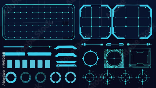 Futuristic interface elements with glowing cyan lines on a dark background
