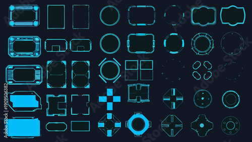 Collection of futuristic glowing cyan interface elements on a dark background