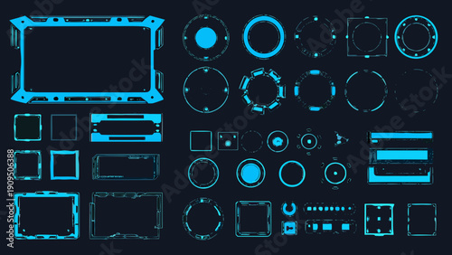 Blueprint of futuristic user interface elements in bright cyan color