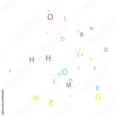 Multicolored alphabet letters, scattered vector illustration, for background or texture, isolated on transparent background, png